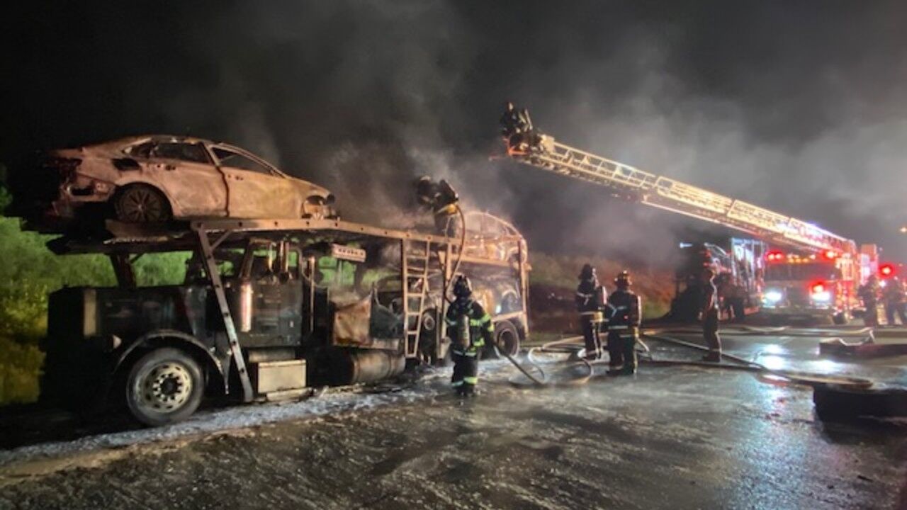 Vehicle car transporter fire Route 33 Palmer Township